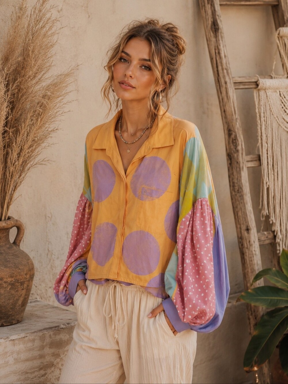 360.Ren B Artistic Boho Colorblock Polka Dot Button-Up Top - Yellow & Purple